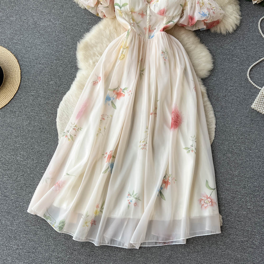Gauze floral pinched waist lady dress for women