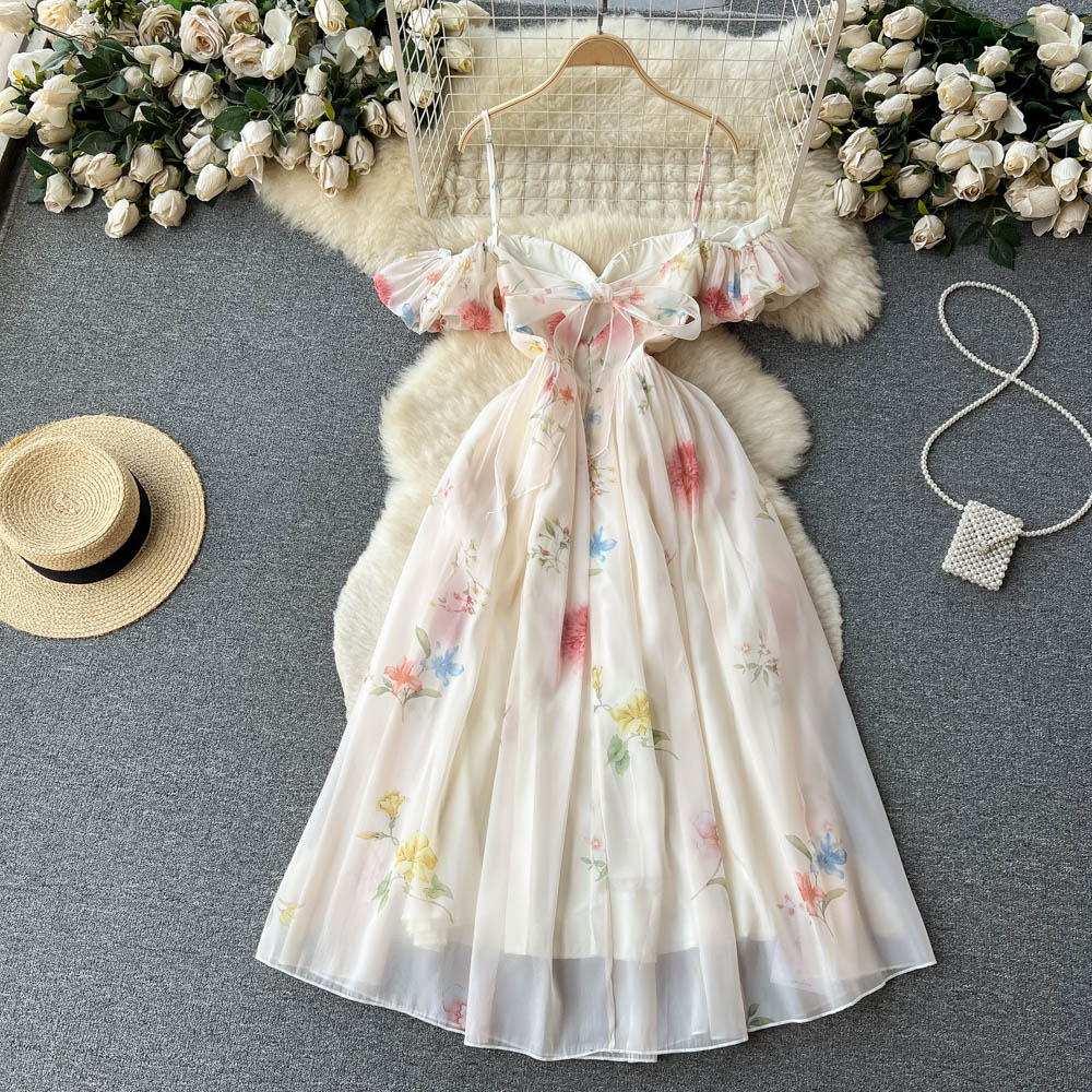 Gauze floral pinched waist lady dress for women