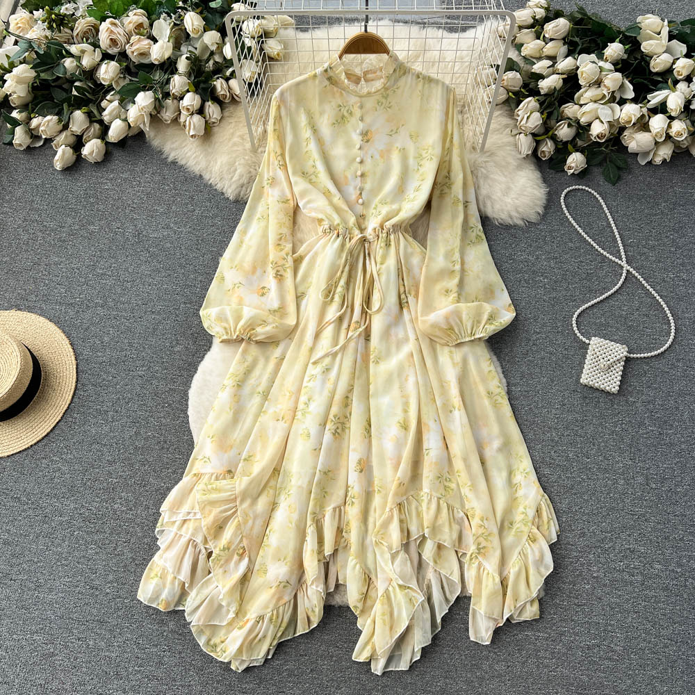 Floral retro dress lantern sleeve long dress for women