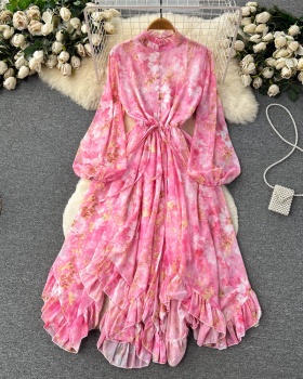 Floral retro dress lantern sleeve long dress for women