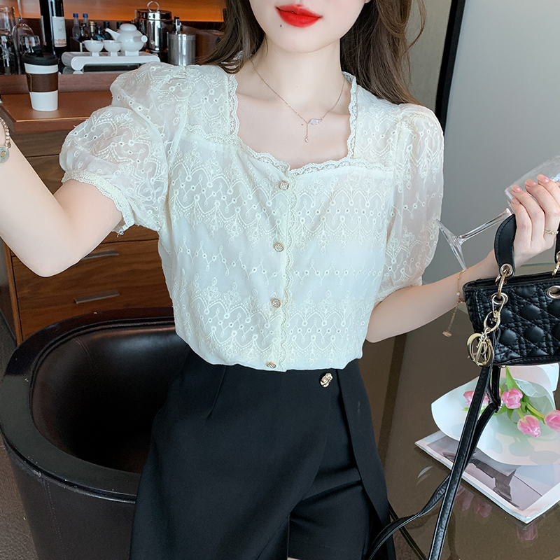 Embroidered short sleeve shirt square collar tops
