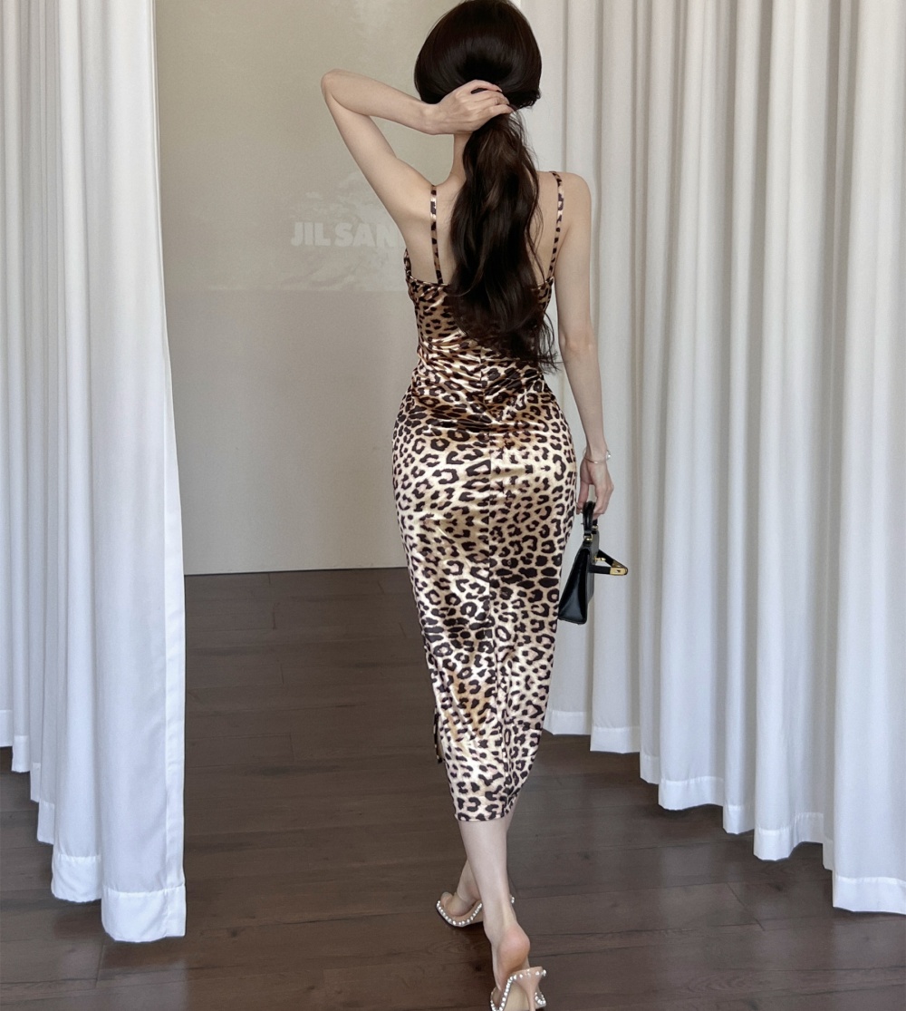 Package hip leopard satin long sexy slit sling dress
