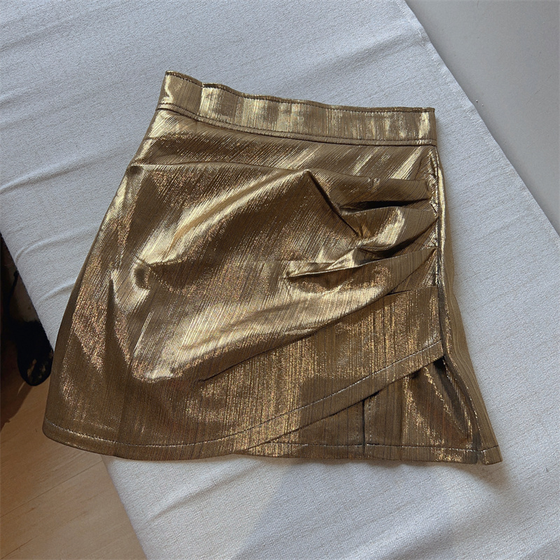 Fold irregular high waist skirt summer metal short skirt
