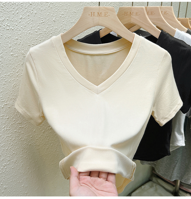 Short V-neck unique arc summer short sleeve T-shirt for women
