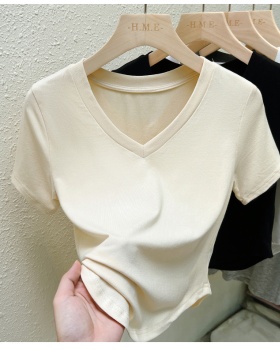 Short V-neck unique arc summer short sleeve T-shirt for women