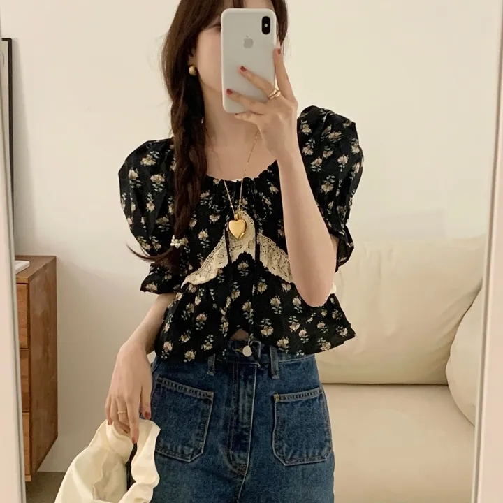 Lace tender floral tops puff sleeve sweet shirt