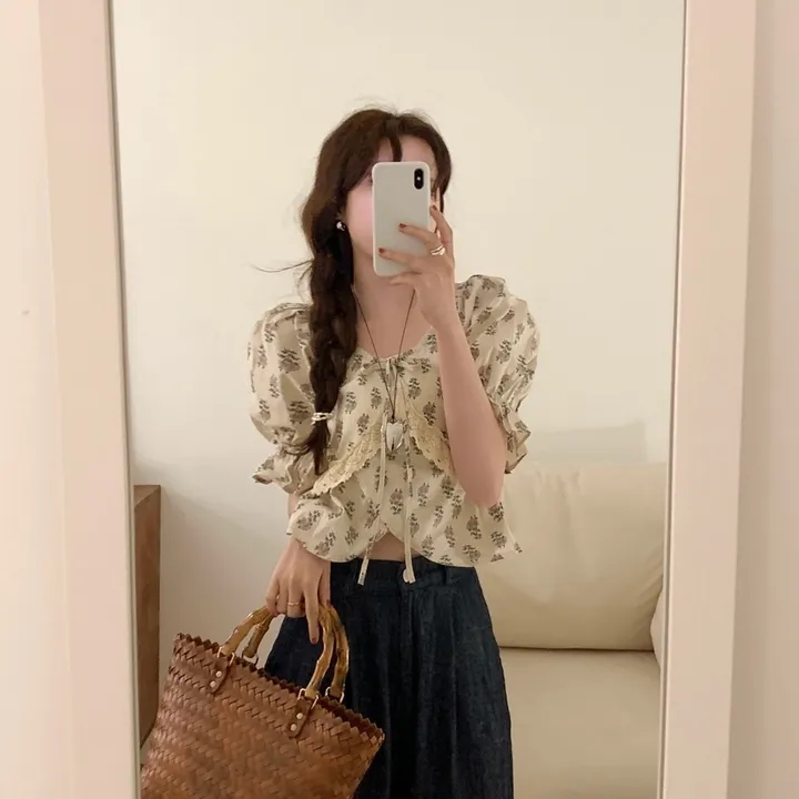 Lace tender floral tops puff sleeve sweet shirt