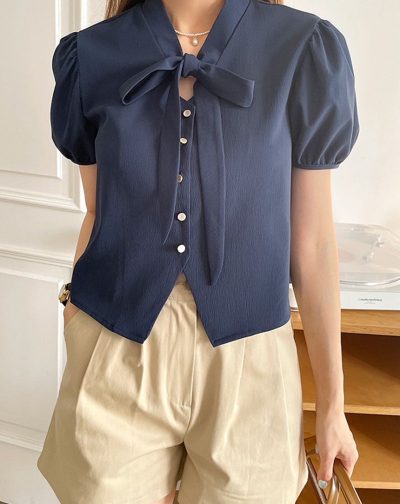 Frenum bow V-neck shirt temperament summer sweet tops