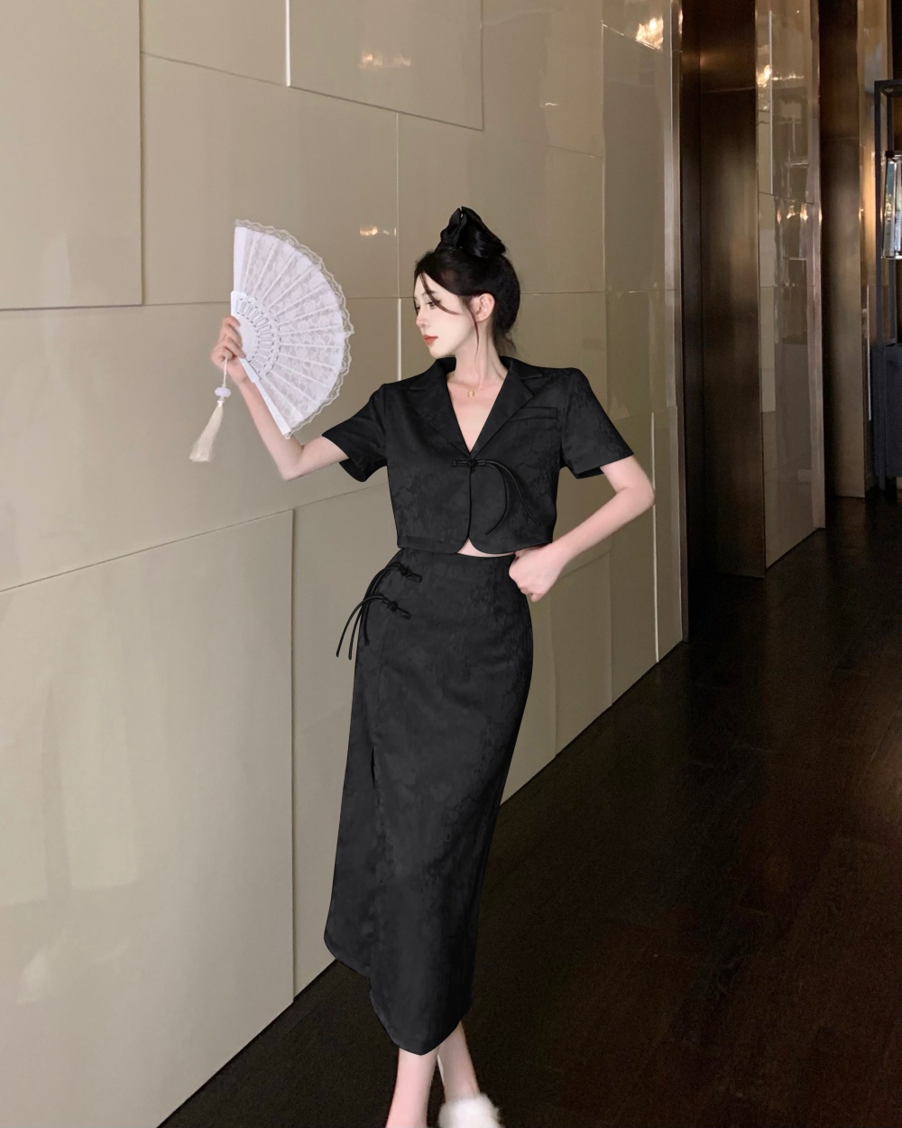 Jacquard Chinese style skirt split business suit 2pcs set