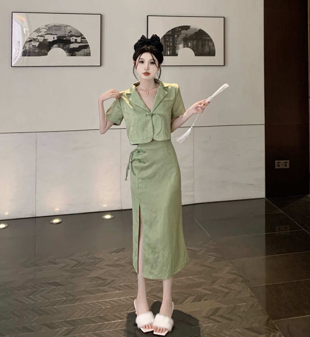 Jacquard Chinese style skirt split business suit 2pcs set