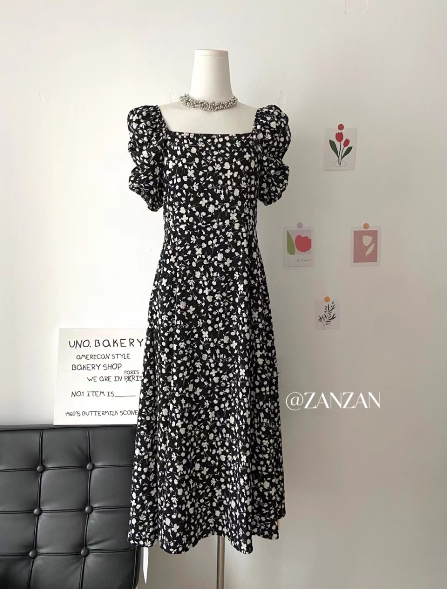 Slim puff sleeve long pinched waist floral dress