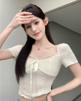 Slim short sleeve chiffon shirt lace V-neck tops for women
