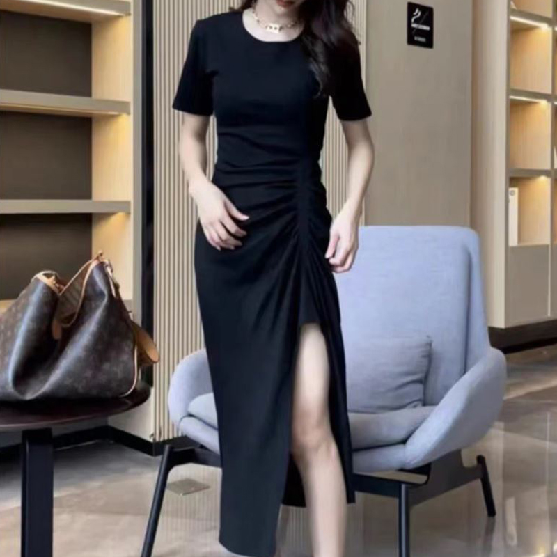 Black split long dress exceed knee irregular dress