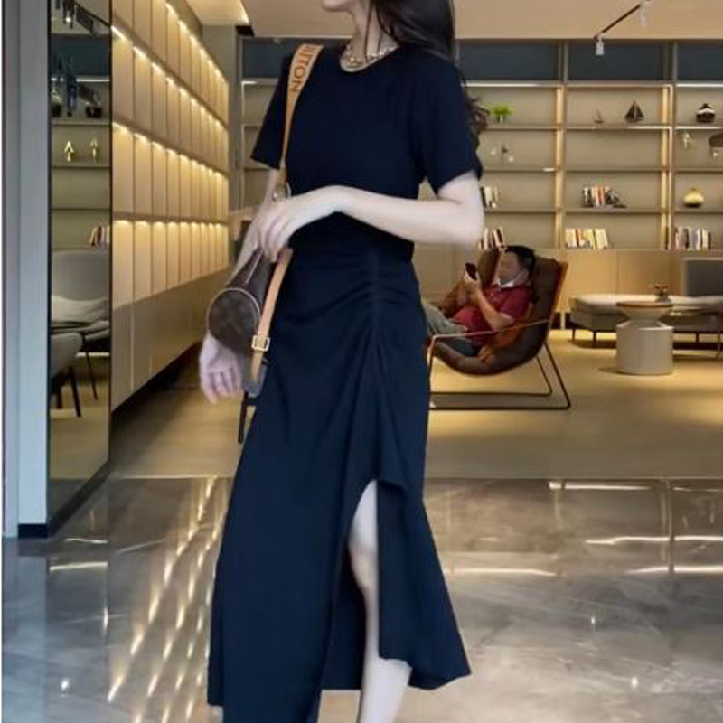 Black split long dress exceed knee irregular dress