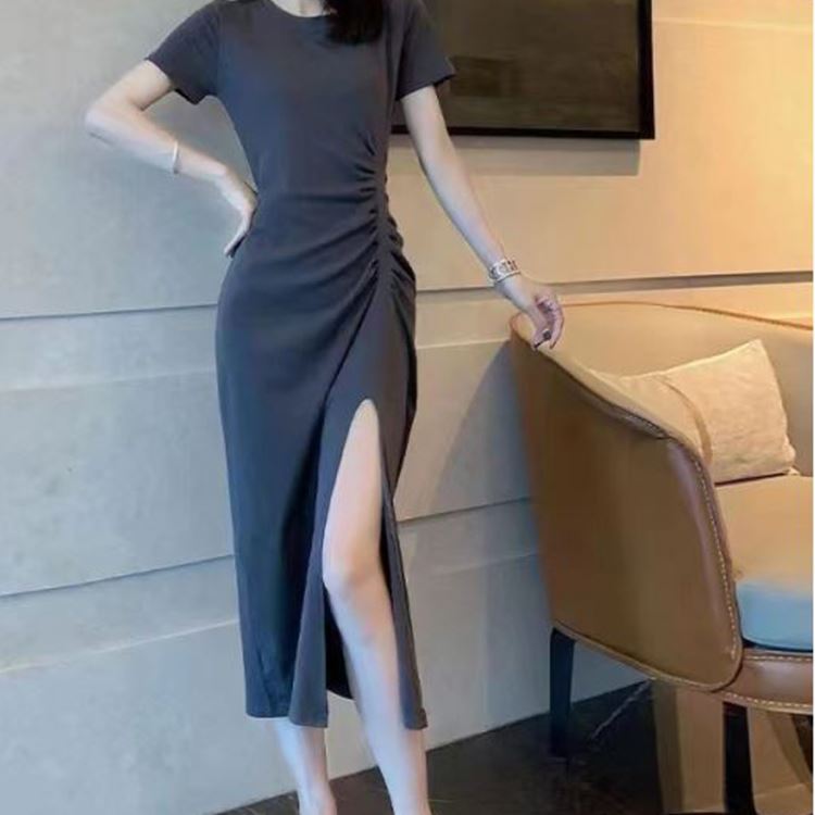 Black split long dress exceed knee irregular dress