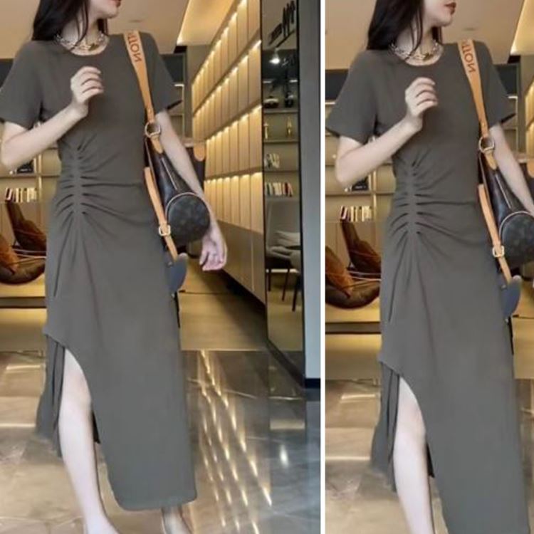 Black split long dress exceed knee irregular dress