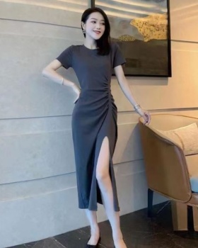Black split long dress exceed knee irregular dress