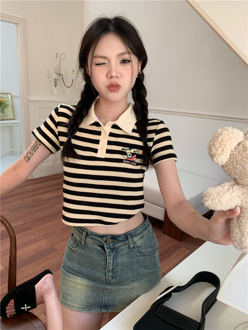 Short sleeve stripe puppy cartoon embroidery T-shirt