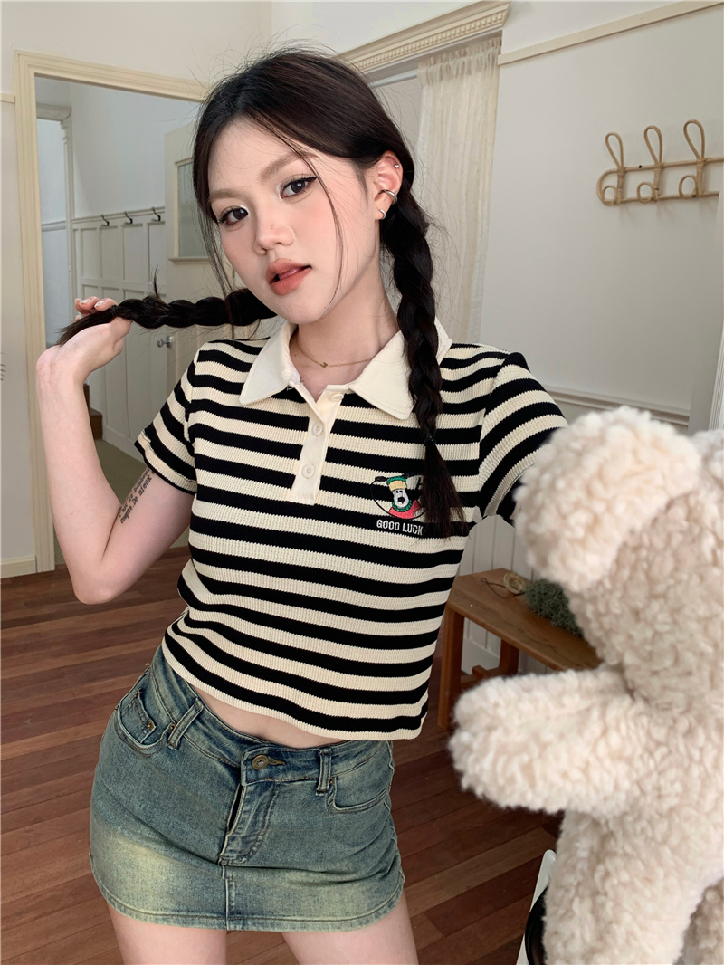 Short sleeve stripe puppy cartoon embroidery T-shirt