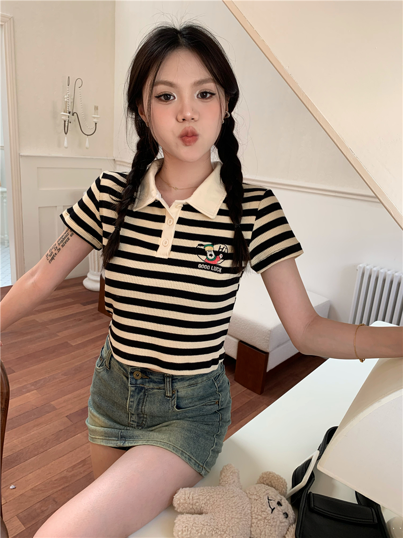 Short sleeve stripe puppy cartoon embroidery T-shirt