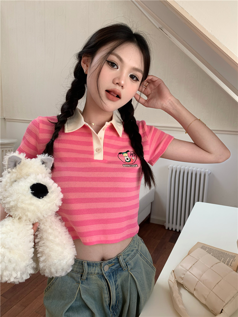 Short sleeve stripe puppy cartoon embroidery T-shirt