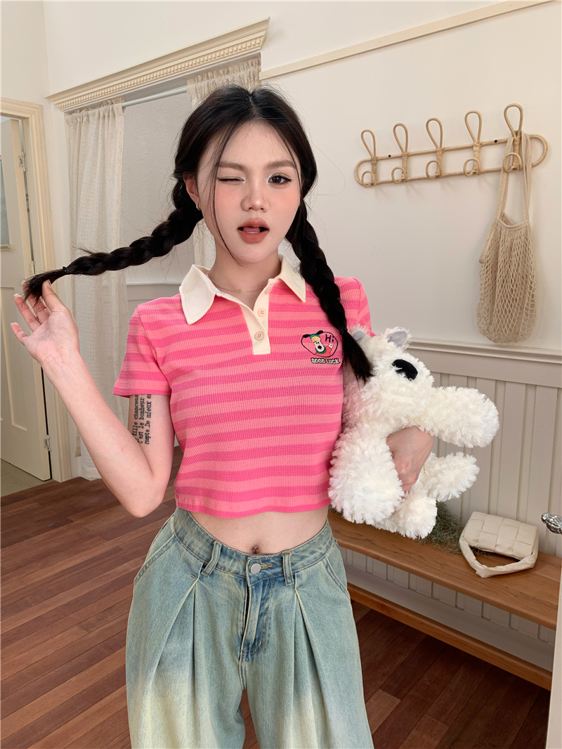 Short sleeve stripe puppy cartoon embroidery T-shirt