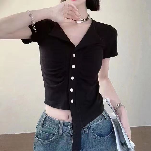 Irregular fold slim tops unique summer shirt for women