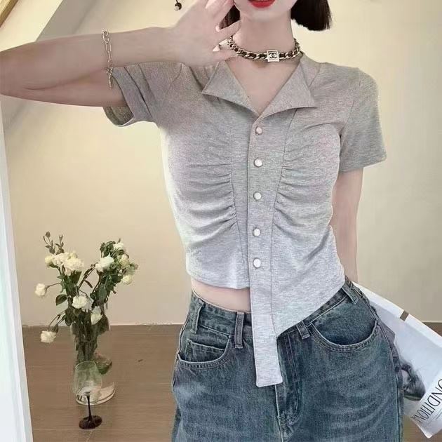 Irregular fold slim tops unique summer shirt for women