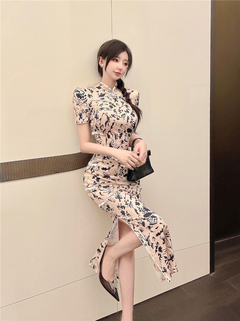 Retro printing cheongsam long summer dress