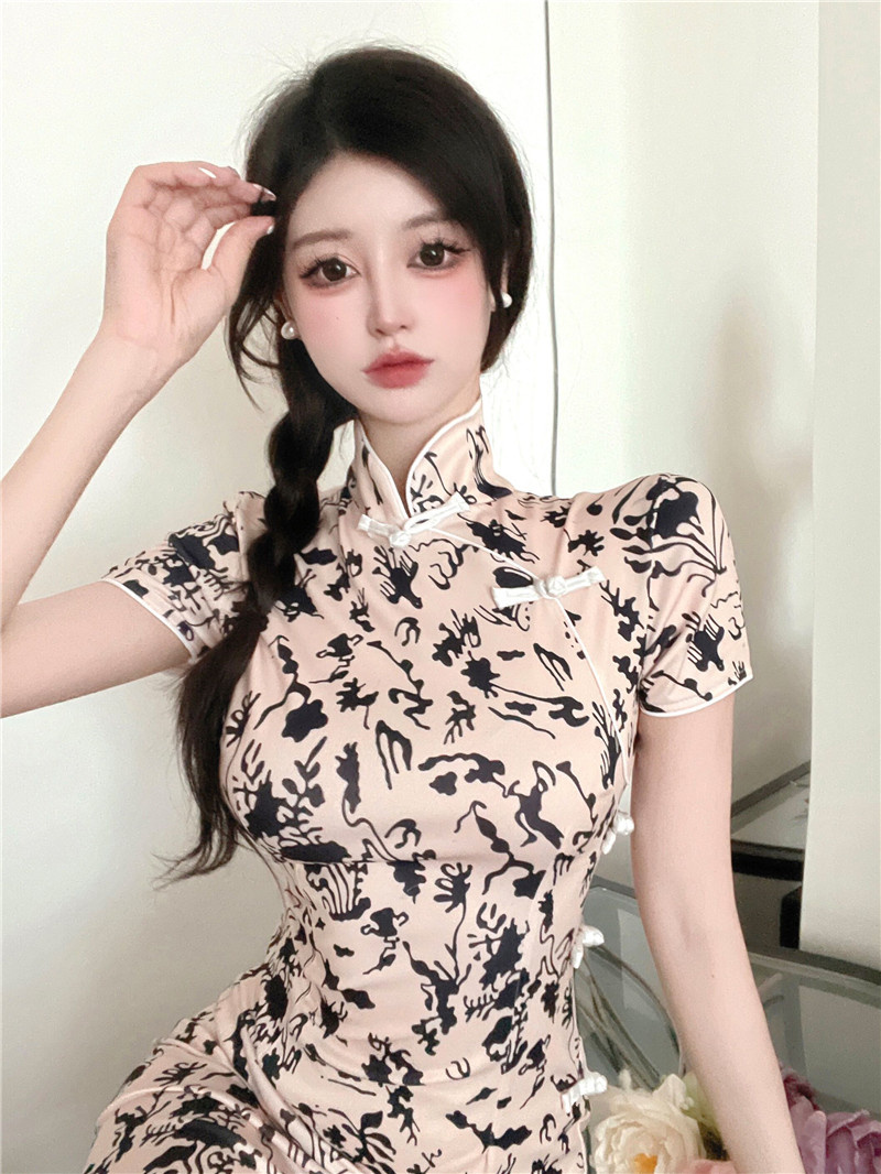 Retro printing cheongsam long summer dress