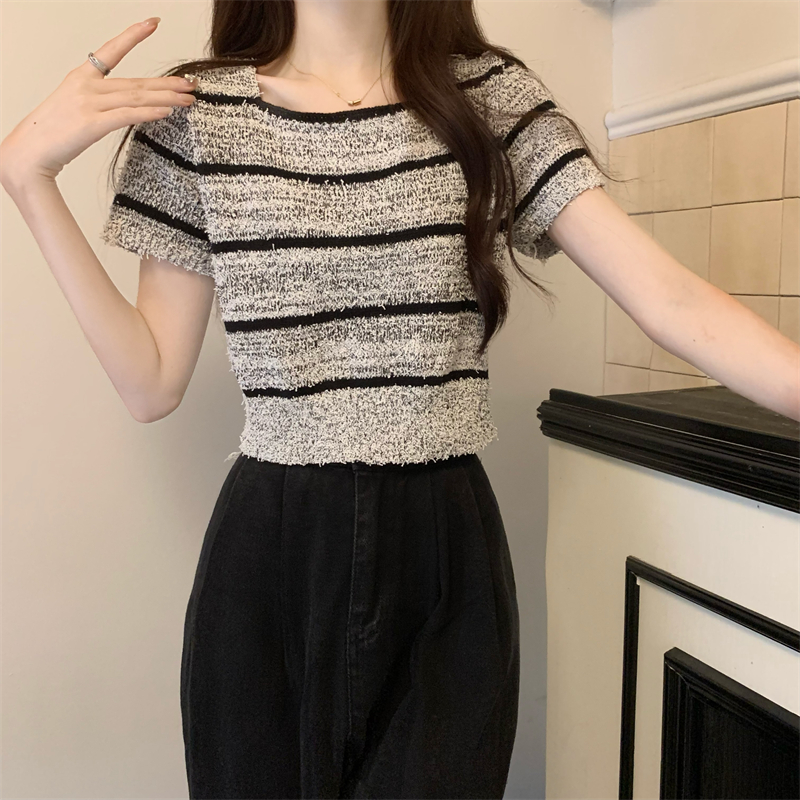 Summer knitted square collar all-match tops for women