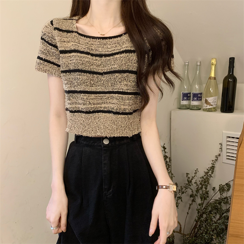 Summer knitted square collar all-match tops for women