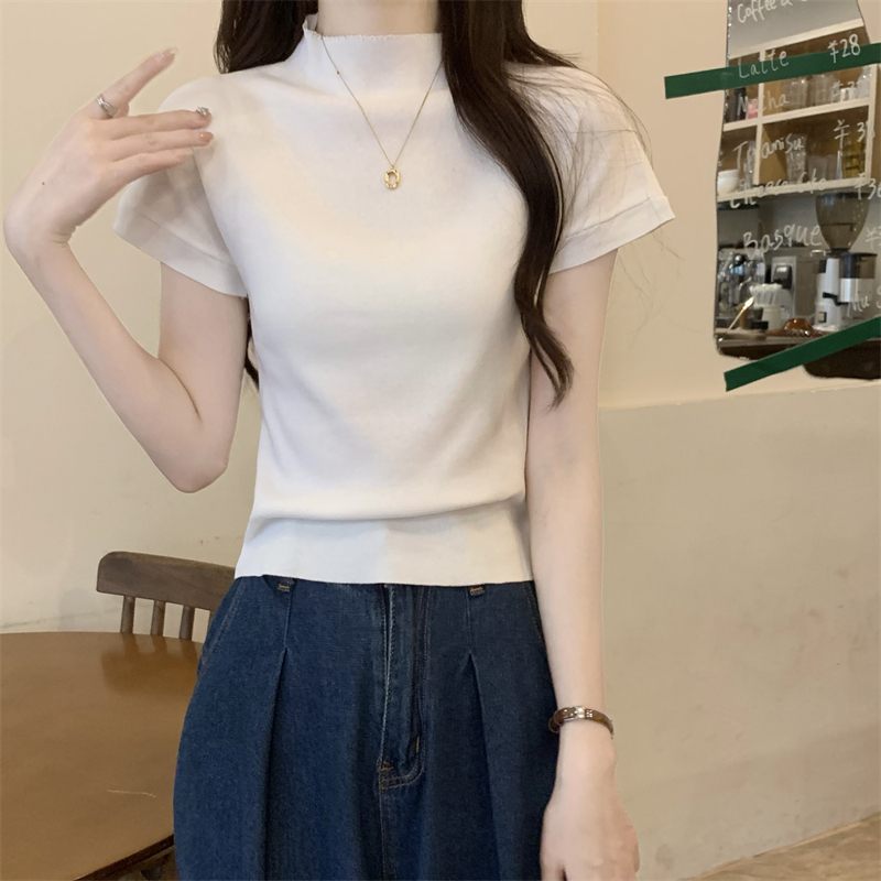 Summer Korean style knitted high collar T-shirt