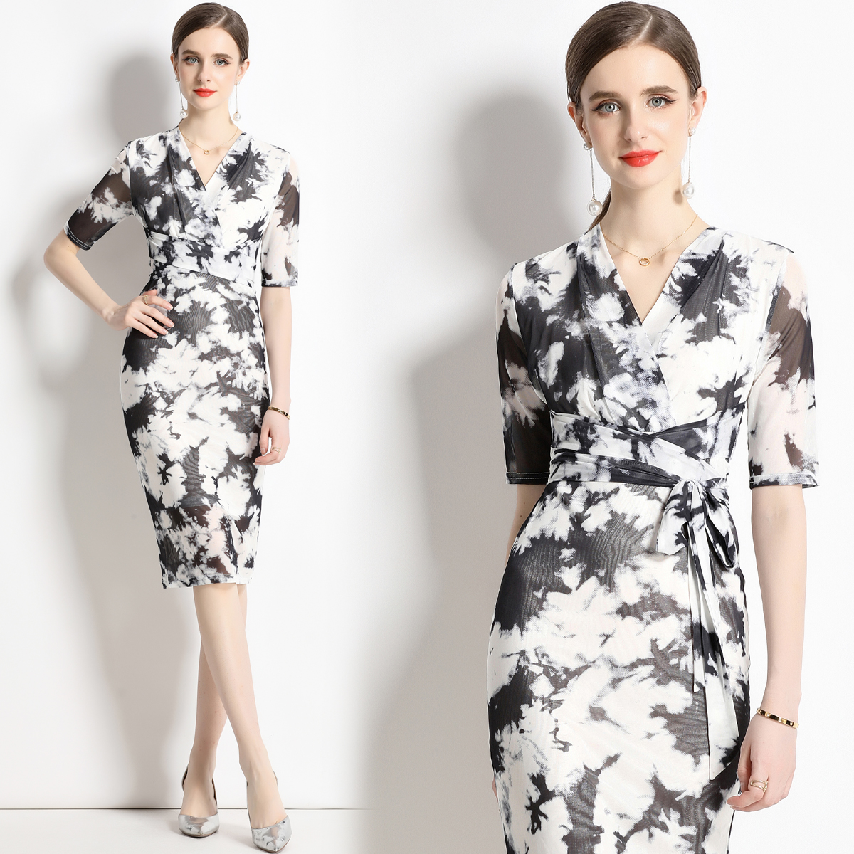 Printing slim long dress frenum V-neck dress for women
