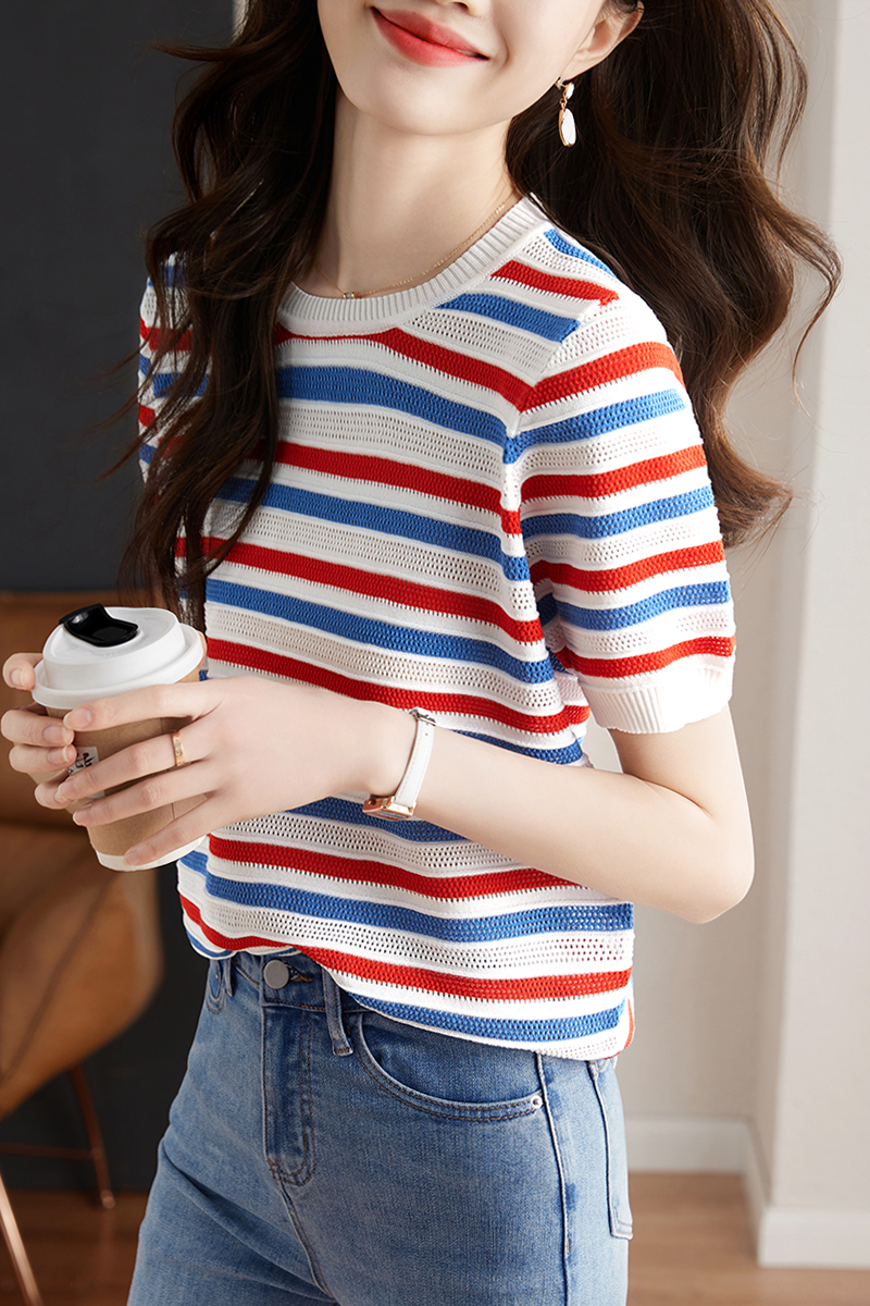 Colors hollow summer T-shirt ice silk stripe tops for women