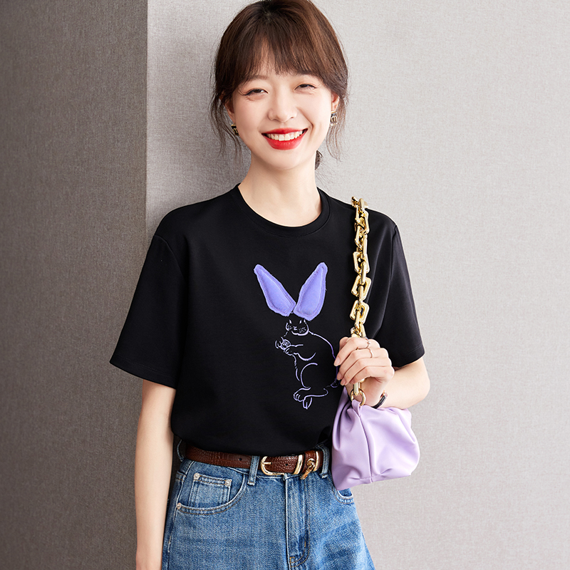 Short sleeve summer printing T-shirt rabbit black tops