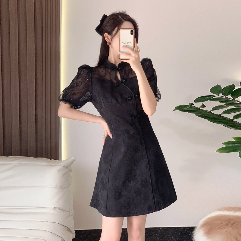 Chinese style slim short sleeve lace splice dress