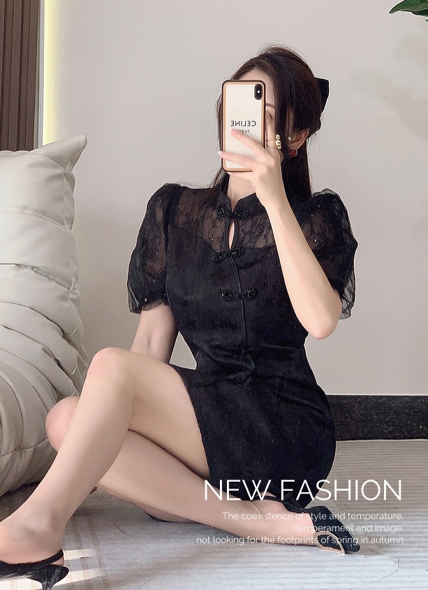 Chinese style slim short sleeve lace splice dress