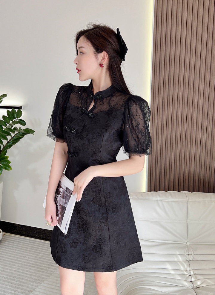 Chinese style slim short sleeve lace splice dress