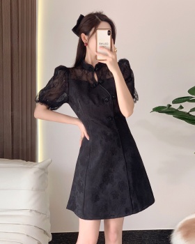 Chinese style slim short sleeve lace splice dress