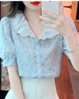 Short sleeve embroidery tops lace chiffon shirt for women