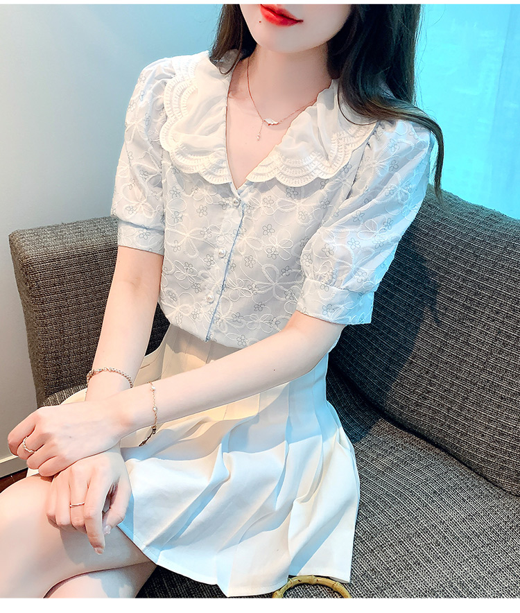 Short sleeve embroidery tops lace chiffon shirt for women