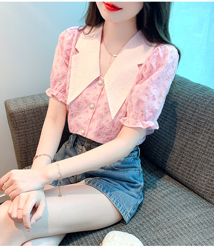 Floral spring and summer tops puff sleeve shirt for women