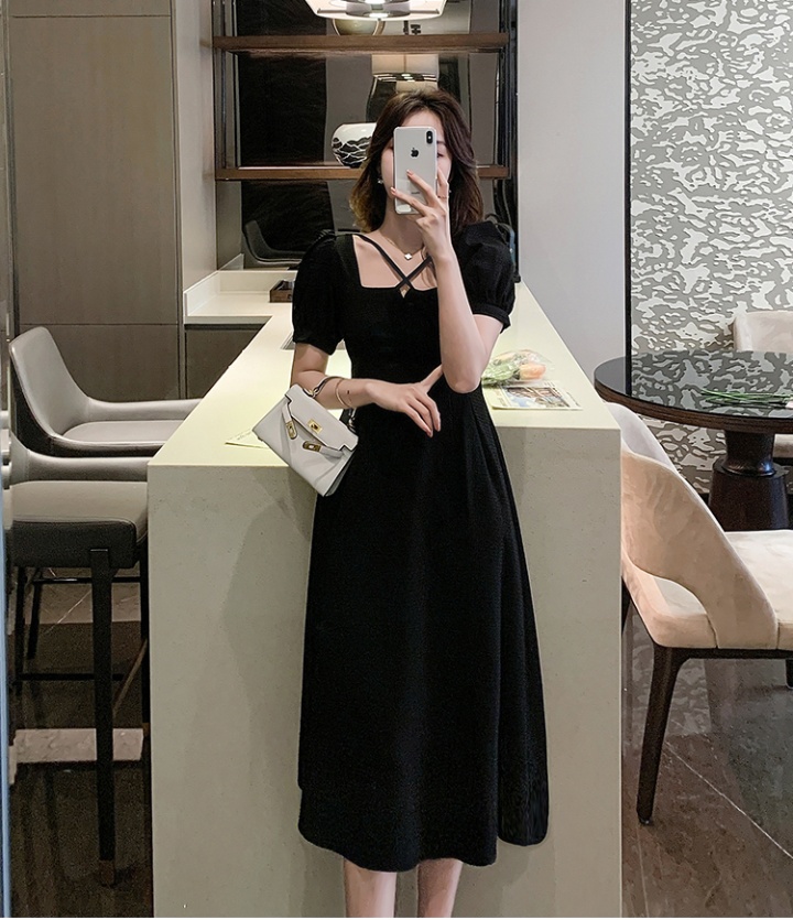 Pinched waist square collar black slim summer dress