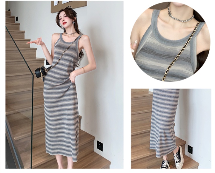 Sleeveless lazy stripe vest long summer knitted dress
