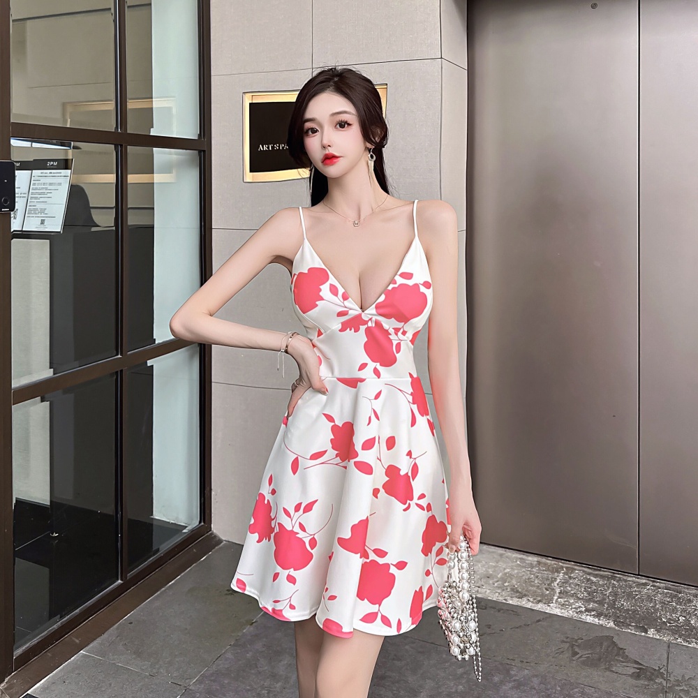Printing V-neck lady dress sling summer dress