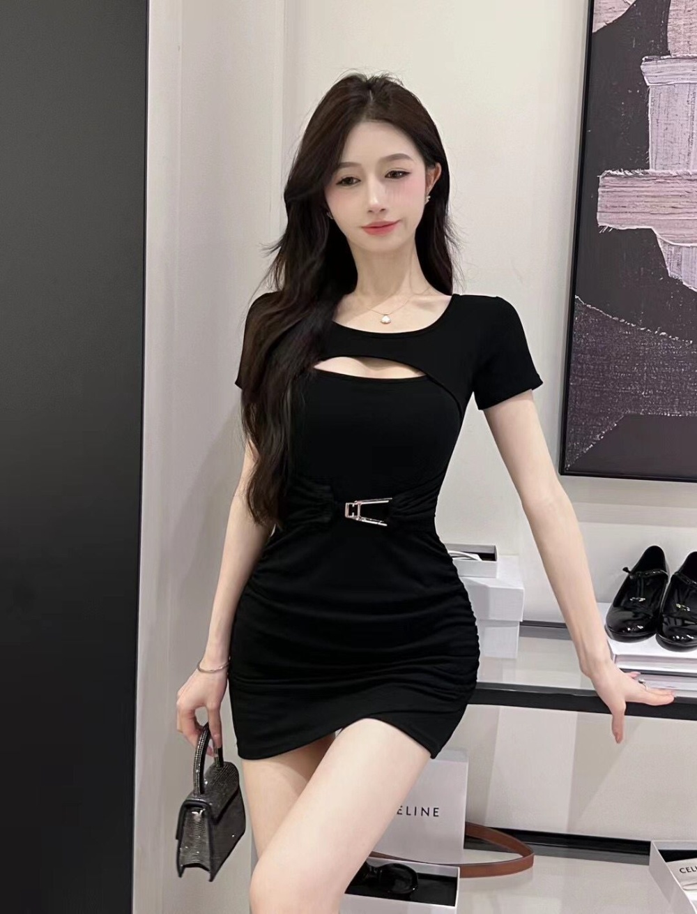 Pure cotton fashion sexy slim low-cut package hip hollow dress