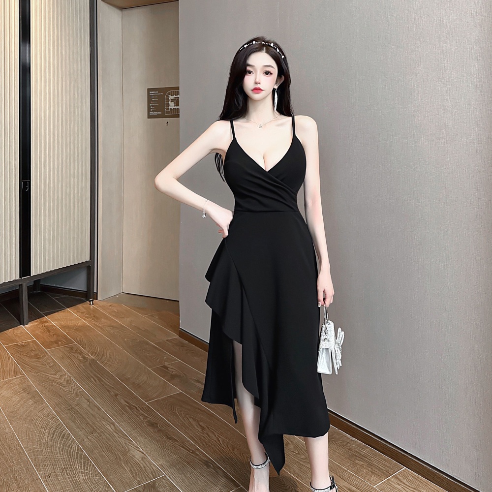 Long retro black sling V-neck slim temperament dress