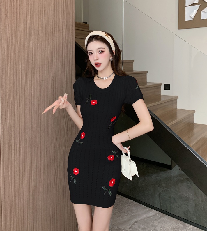 Temperament slim snake puff sleeve stereoscopic dress