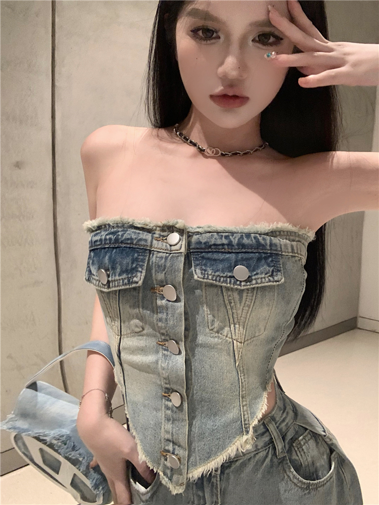 Summer fashion tops wrapped chest holes jeans 2pcs set